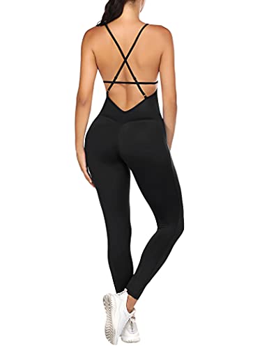 COOrun Women Yoga Jumpsuit Anti Cellulite Sports Playsuit Sleeveless Gym Bodysuit Black S