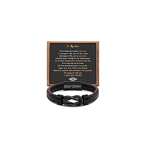 To My Son Bracelet from Mom Mens Bracelet Love You Forever Birthday Christmas Gifts for Son Leather Braided Bracelets for Men Stainless Steel Clasp Funny Gifts Graduation Back to School 8.5 Inch
