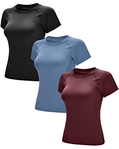 RUNNING GIRL Seamless Workout Shirts for Women Dry-Fit Short Sleeve T-Shirts Crew Neck Stretch Yoga Tops Athletic Shirts (TX2443.3PACK, XL)