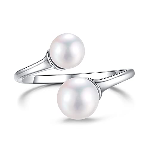 LUCKMORA 2 Freshwater Pearl Ring Sterling Silver Double Pearls Rings for Women 925 Adjustable Open June Birthstone Rings for Teen Girls with Real Round Genuine Cultured Stackable