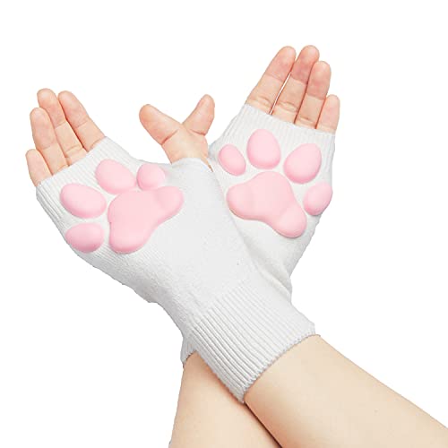 HOMEGYMFREE Cute Cat Paw Mittens Gloves, Kawaii Cat Cosplay Kawaii Soft 3D Toes Beans Fingerless Cat Claw Paws Pad Sleeve (White-Short)
