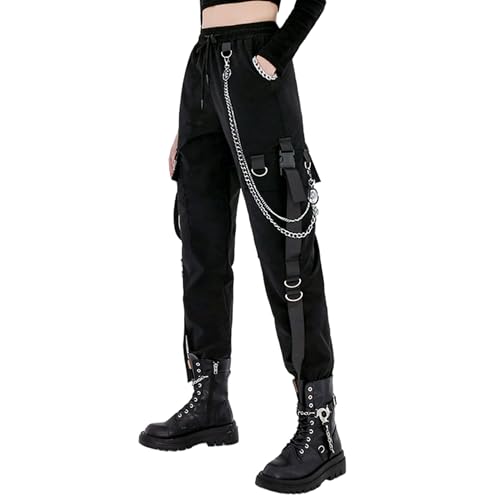 MEINVQIAOTI Black Cargo Pants for Women Techwear Women Loose Street Rock Style Casual Black Pants with Chain Goth Pants (Black,M)