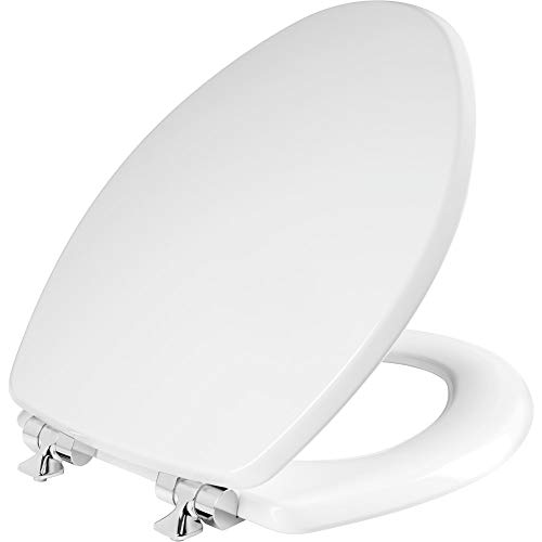 Mayfair Benton Toilet Seat with Chrome Hinges, Slow Close Wood Seat, Secure Metal Hinges, Easy Install, Elongated, White