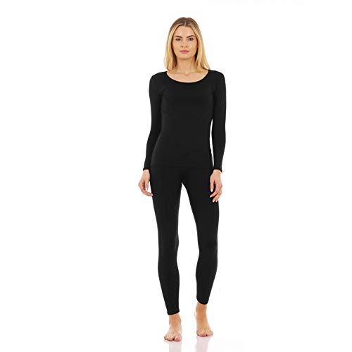 Thermajane Long Johns Thermal Underwear for Women Scoop Neck Fleece Lined Base Layer Pajama Set Cold Weather (Black, Small)