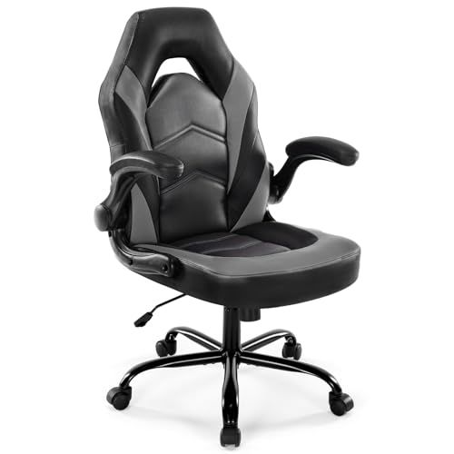 DUMOS Ergonomic Computer Gaming Chair - Home Office Desk with PU Leather Lumbar Support, Height Adjustable Big and Tall Video Game with Flip-up Armrest, Swivel Wheels for Adults and Teens