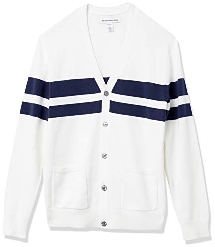 Amazon Essentials Men's Cotton Cardigan Sweater, Navy White Rugby Stripe, Medium