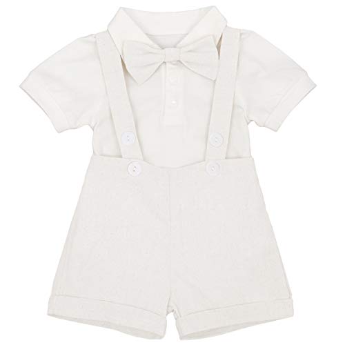 Baby Boys Formal Suit Gentleman Bowtie + Summer Short Sleeve Romper + Suspenders Shorts Button Bib Pants Wedding Tuxedo Outfits 1st/2nd Birthday Cake Smash Christening Clothes 3pcs Set White 0-6M