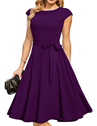 DRESSTELLS Women's Cocktail Dresses for Church, Modest Wedding Guest Bridesmaid Prom Formal Holiday Party Dress 2024, Aline 1950s Vintage Dress Grape M