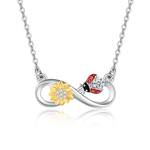 EXRANQO Ladybug Necklace For Women 925 Sterling Silver Cubic Zircon Infinity Ladybug Sunflower Pendant Necklace Insect Jewerly Gifts For Women Girls Daughter