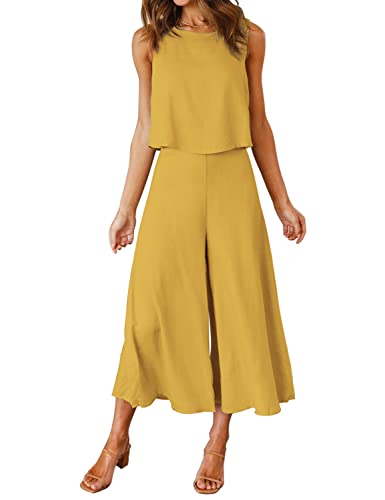 ROYLAMP Women's Summer 2 Piece Outfits Round Neck Crop Basic Top Cropped Wide Leg Pants Set Jumpsuits Ginger Yellow L