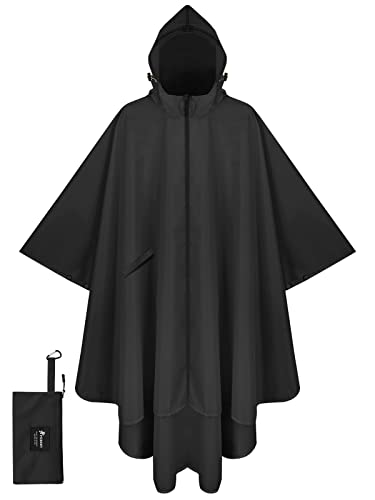 PTEROMY Hooded Rain Poncho for Adult with Pocket and Zipper, Waterproof Lightweight Raincoat for Men and Women (Black)