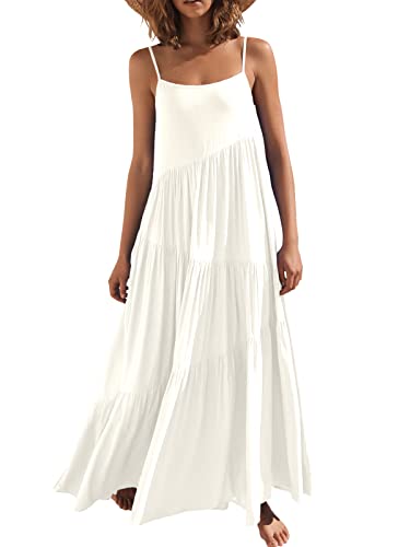 ANRABESS Women Summer Casual Loose Sleeveless Sundress Spaghetti Strap Asymmetric Tiered Flowy Linen Beach Maxi Cover Up Long Dress 2024 Ttrendy Vacation Outfits White 523bai-S