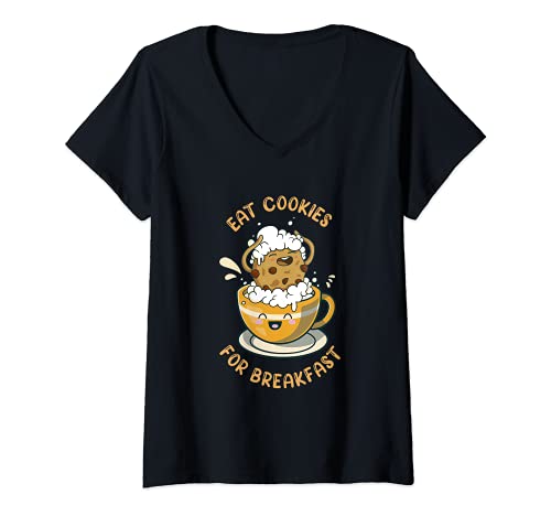 Womens Eat Cookies For Breakfast Chocolate Chips Dip Milk Cookie V-Neck T-Shirt