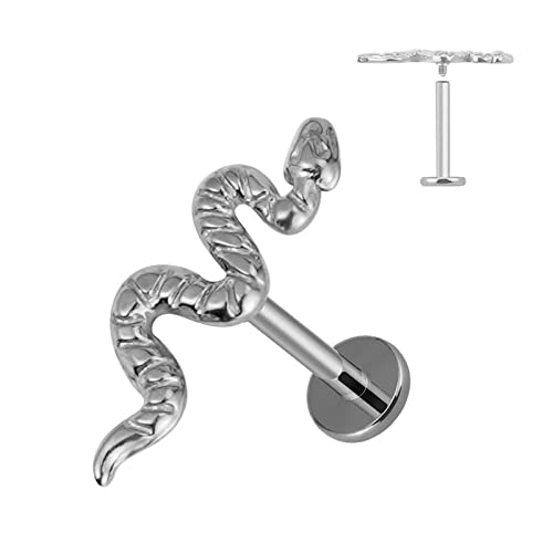 FINE4U 16G Snake Piercing Jewelry for Conch, Tragus, Helix - ASTM F136 Titanium Hypoallergenic Cartilage Earring, Internally Threaded Nickel Free Flat Back Stud, Labret Body Jewelry