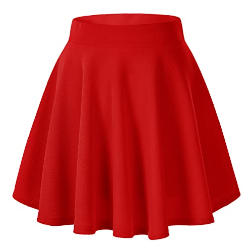 Women's Basic Versatile Stretchy Flared Casual Mini Skater Skirt (Small, Red)