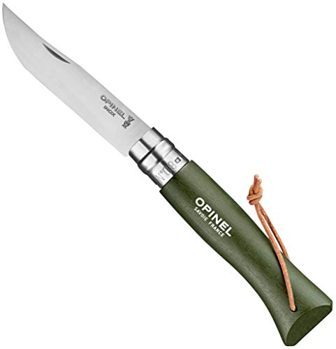 Opinel No8 Trekking Stainless Steel Locking Folding Knife With Leather Lace and Kahaki Green Dyed Hornbeam Wood, 8.5 Centimeter Blade