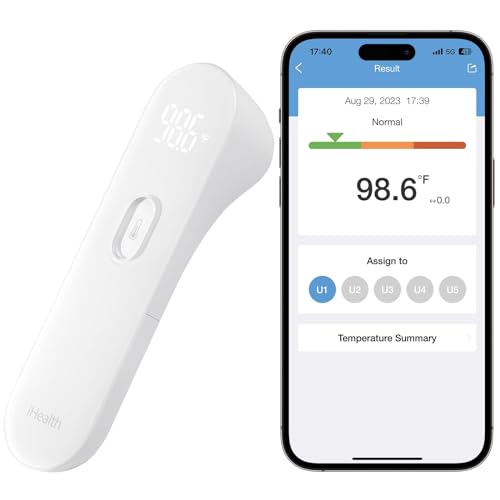 iHealth Smart Bluetooth Thermometer for Adults and Kids - Wireless No-Touch Digital Thermometer for Forehead - 3 Ultra-Sensitive Sensors, Large LED Digits, Vibration Mode - for Home Use, PT3SBT