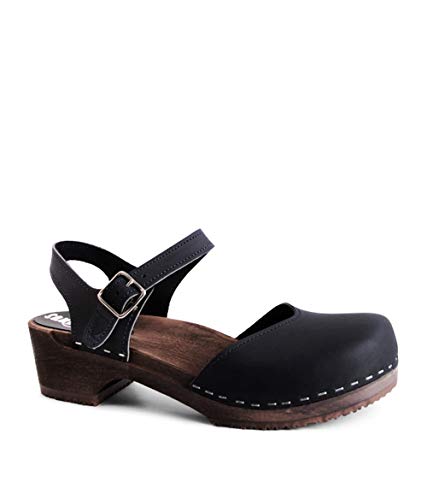 Sandgrens Swedish Wooden Low Heel Clog Sandals for Women, US 9-9.5 | Saragasso Black DK, EU 40