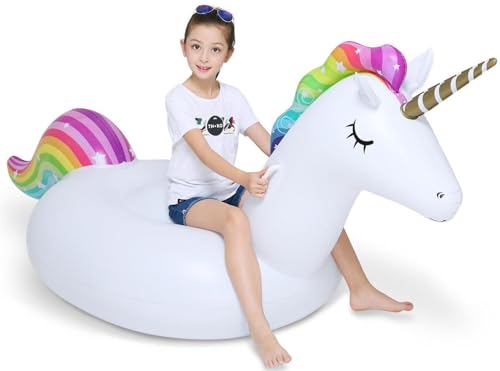 Jasonwell Big Inflatable Unicorn Pool Float Floatie Ride On with Fast Valves Large Rideable Blow Up Summer Beach Swimming Pool Party Lounge Raft Decorations Toys Kids Adults