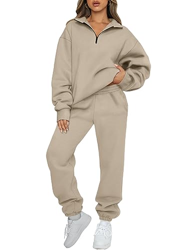 AUTOMET Womens 2 Piece Thanksgiving Outfits Sweat Suits Long Sleeve Quarter Zip Pullover with Fleece Lined Sweatpants