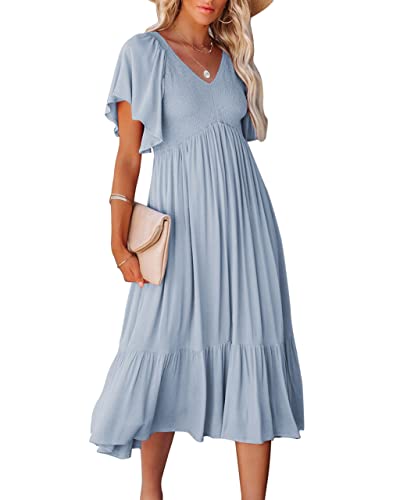 BZB Summer Dress for Women V Neck A Line Smocked Midi Dresses Chiffon Casual Blue L