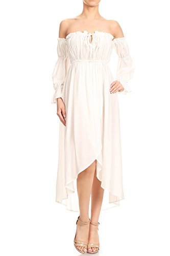 Anna-Kaci Womens Boho Long Sleeve Off Shoulder Renaissance Peasant Dress, Off-White, Medium