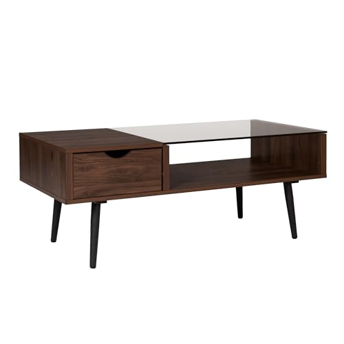 Walker Edison Montclair Mid Century Modern Two Toned 1 Drawer Coffee Table, 42 Inch, Glass and Dark Walnut