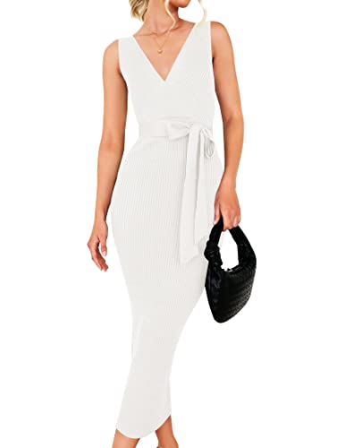 ZESICA Women's Summer Knitted Bodycon Midi Dress Elegant Wrap V Neck Sleeveless Tie Waist Sweater Dresses,White,Medium