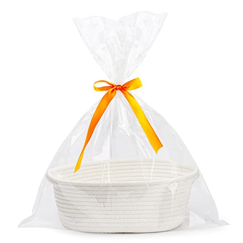 Pro Goleem Small Woven Basket with Gift Bags and Ribbons Durable Baskets for Gifts Empty Small Rope Basket for Storage 12'X 8' X 5' Baby Toy Basket with Handles, White