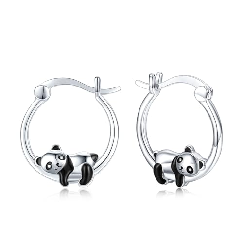 JUSTKIDSTOY Hypoallergenic Panda Hoop Earrings for Women Girls Sterling Silver Small Animal Huggie Hoop Earrings for Sensitive Ears Panda Jewelry Graduation Gifts for Daughter