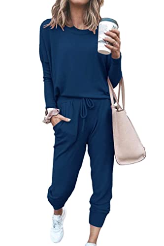 PRETTYGARDEN Women's 2024 Fall Two Piece Outfit Long Sleeve Crewneck Pullover Tops and Long Pants Tracksuit (Dark Blue,Medium)