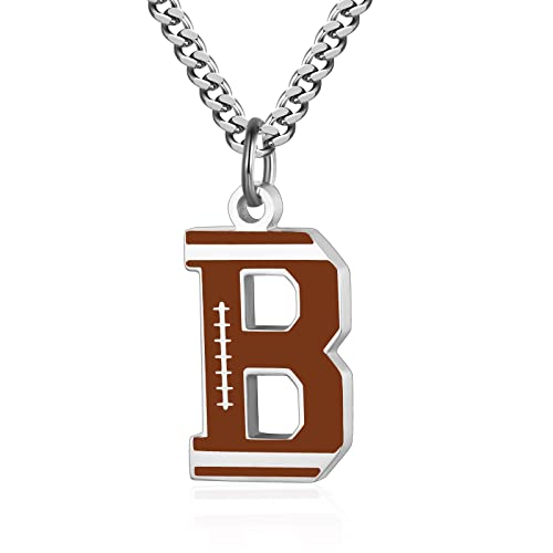 AIAINAGI Football Initial A-Z Letter Necklace for Boys Football Charm Pendant Stainless Steel Silver Chain 22inch Personalized Football Gift for Men Women Girls(B)