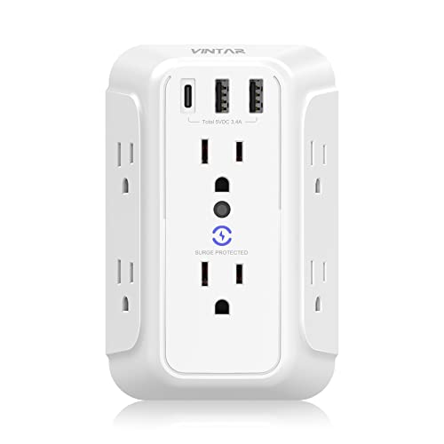 Wall Charger, Surge Protector, 6 Outlet Extender with 3 USB Charging Ports (1 USB C, 3.4A) 900J Wall Mount Power Strip Multi Plug Outlets for Home Travel Office ETL Listed