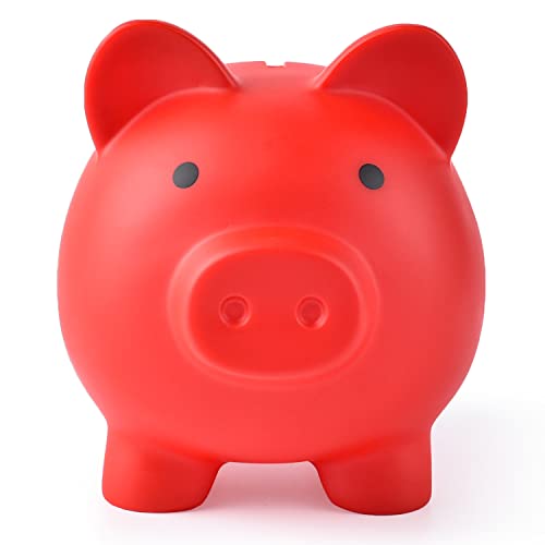 PJDRLLC Large Piggy Bank, Unbreakable Plastic Money Bank, Coin Bank for Girls and Boys, Large Size Piggy Banks, Practical Gifts for Birthday, Easter, Baby Shower (Red)