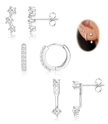 FIASASO 3 Pairs 925 Sterling Silver Hypoallergenic Earrings Set for Multiple Piercing Dainty 14K Gold Plated Stud Huggie Small Hoop Earrings for Women Trendy Cute Earring Stacks for Sensitive Ears