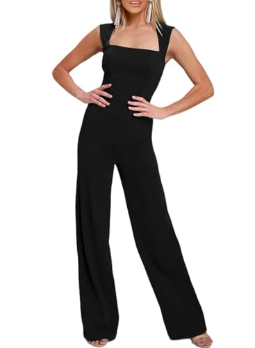 Happy Sailed Rompers for Women Summer Dressy Jumpsuits Sleeveless Square Neck High Waisted Wide Leg Pants Rompers One Piecce Outfits Black Small