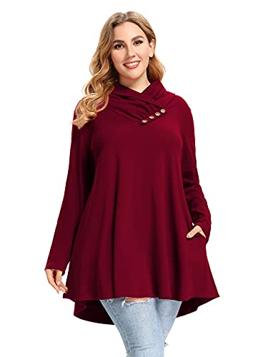 LARACE Cowl Neck Sweatshirts For Women Plus Size Tops With Pockets Long Sleeve Tunic Casual Pullover Button Down Shirt, Wine Red 3X