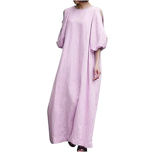 Women's Midi Linen Dress Lantern Sleeve Loose Casual Summer Solid Color Cotton Linen Dresses Puff Sleeve Long Dress