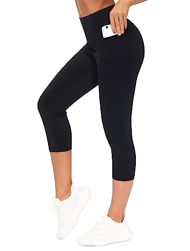 THE GYM PEOPLE Tummy Control Workout Capris Leggings with Pockets High Waist Athletic Yoga Pants for Women Running Hiking Black