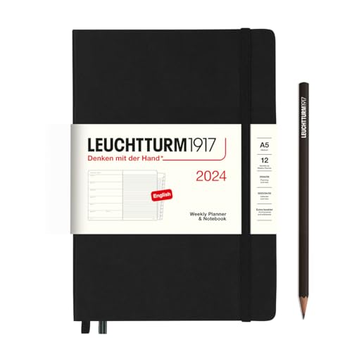 LEUCHTTURM1917 - Weekly Planner & Notebook 2024 with Extra Booklet, Hardcover, Medium (A5), Black (Jan 1 - Dec 31, 2024)