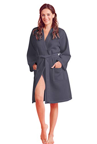 Soft Touch Linen Kimono Waffle Robe – Women’s Bath SPA Robe – Lightweight Cotton &Polyester Blend (X-Large, Dark Gray)