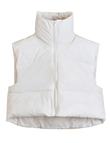UANEO Cropped Puffer Vest Women Zip Up Stand Collar Sleeveless Padded Crop Puffy Vests (Beige-M)