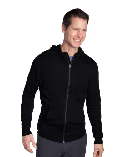 Woolly Clothing Men's Merino Pro-Knit Wool Zip Hoodie Sweatshirt - Mid Weight - Wicking Breathable Anti-Odor - Black - M