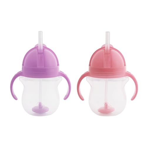 Munchkin Any Angle Weighted Straw Trainer Cup with Click Lock Lid, 7 Ounce, 2 Pack, Pink/Purple