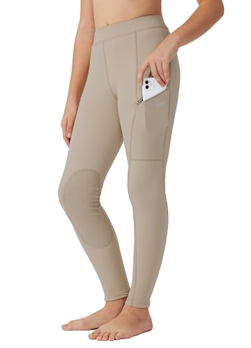 Willit Girls Horse Riding Pants Tights Kids Equestrian Breeches Knee-Patch Youth Schooling Tights Zipper Pockets Khaki M