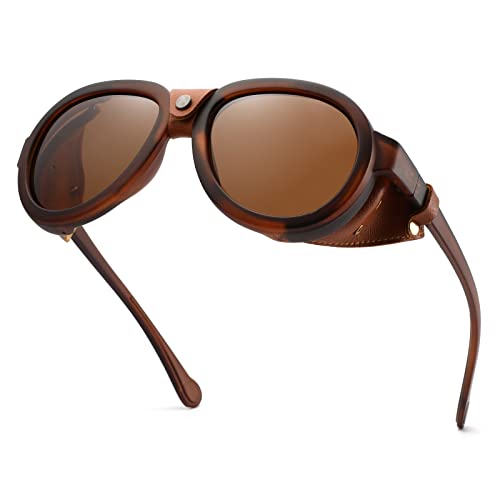 MACJERO Retro Aviator Polarized Steampunk Sunglasses Men Women with Leather Side Shield Vintage Goggles Gothic