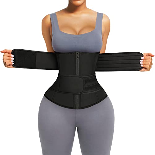 FeelinGirl Sauna Waist Trainer for Women Long Torso Plus Size Sweating Belts Zipper Bones Workout Trimmer Neoprene Underbust Black L