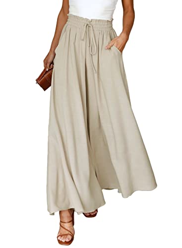 Dokotoo Fashion Womens High Waist Drawstring Wide Leg LongPants Casual Loose Breathable Lounge Yoga Trousers for Women Ladies Beach Pants with Pockets Beige XL