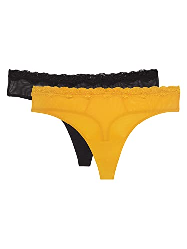 Smart & Sexy Women's Lace Trim & Mesh Panty 2 Packs Sexy Thongs & Cheeky Bikinis, Saffron/Black Hue Thong, 7