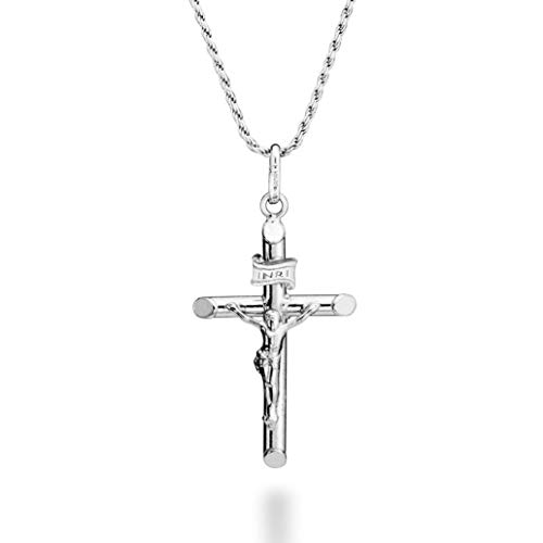 Miabella Rhodium Plated 925 Sterling Silver Small or Large Crucifix Necklace for Men Women, Cross Pendant with Rope Chain, Made in Italy (Small, Length 18 Inches (women's average length))